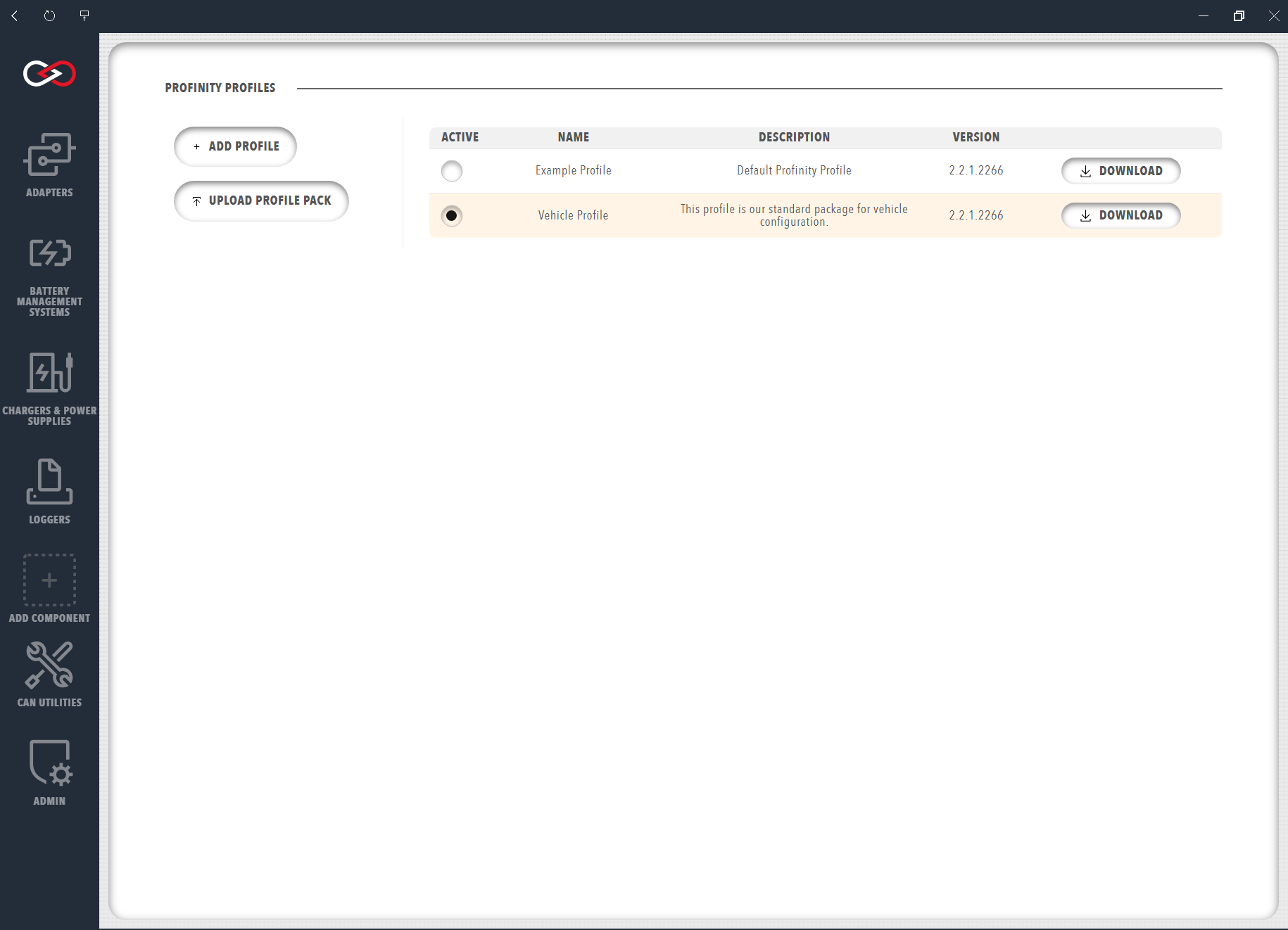 Profinity Profile menu