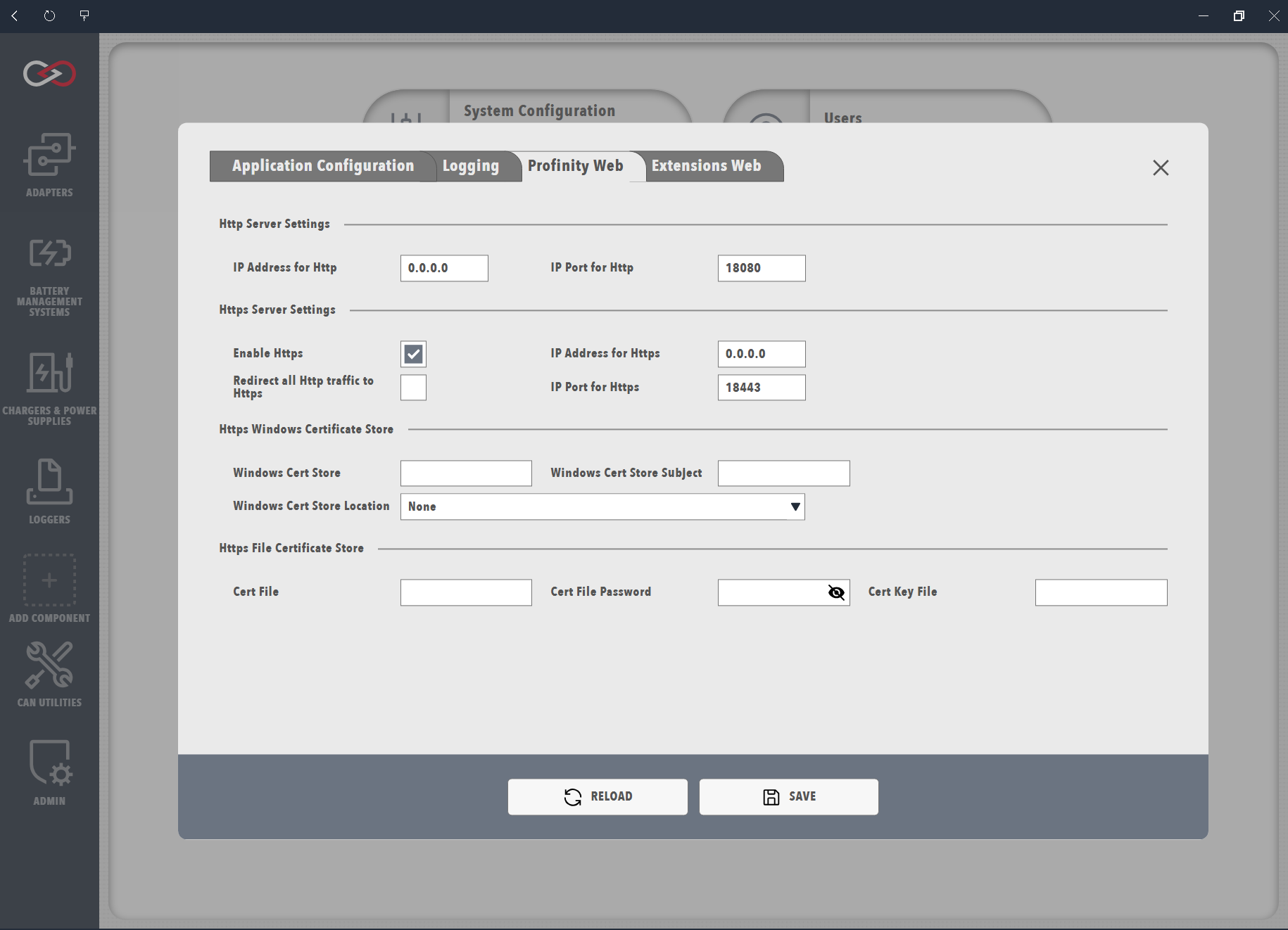 Profinity web menu