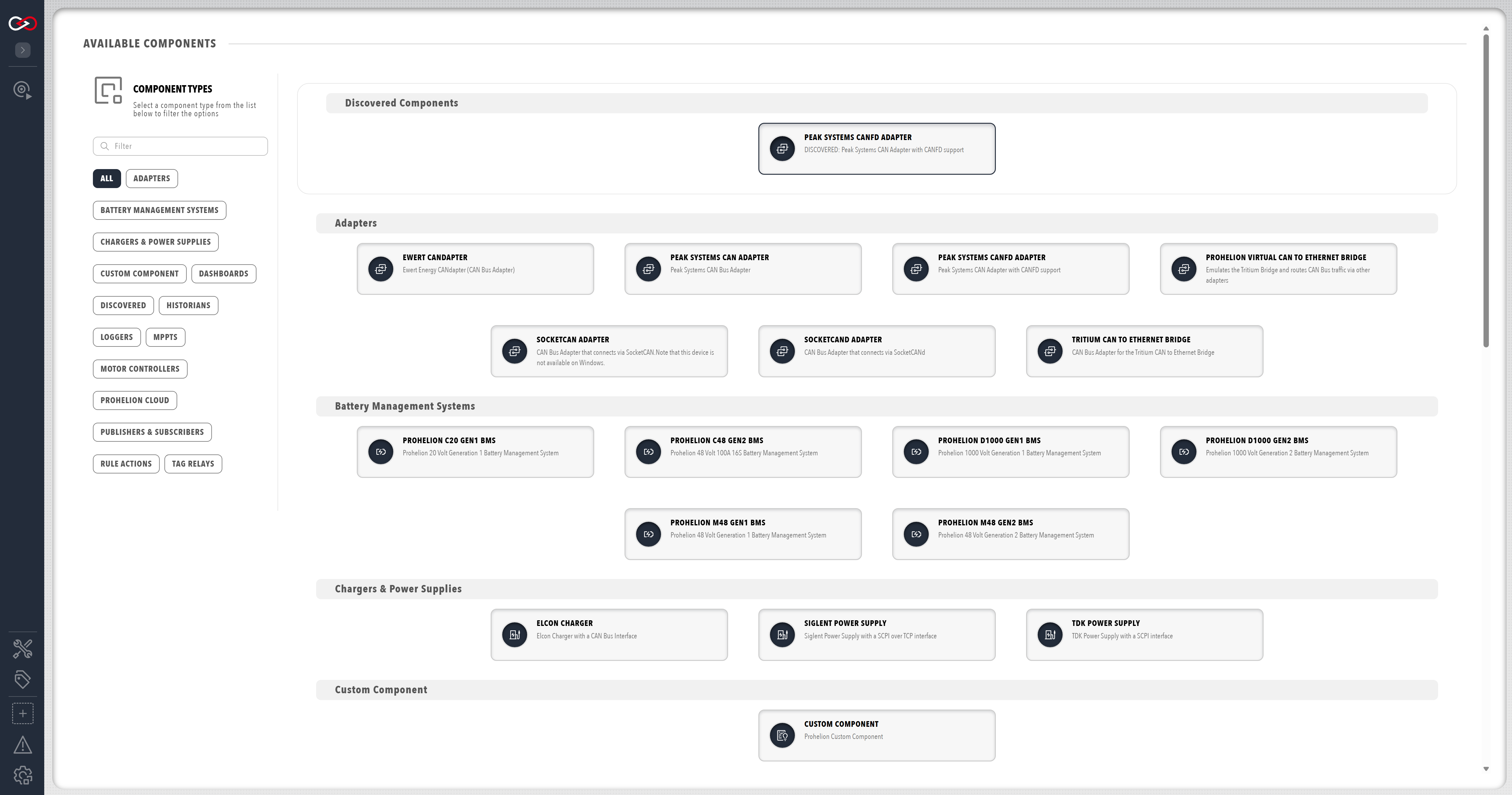 The Available components page with a filter box, component type buttons, a Discovered Components section at the top and an Adapters section below