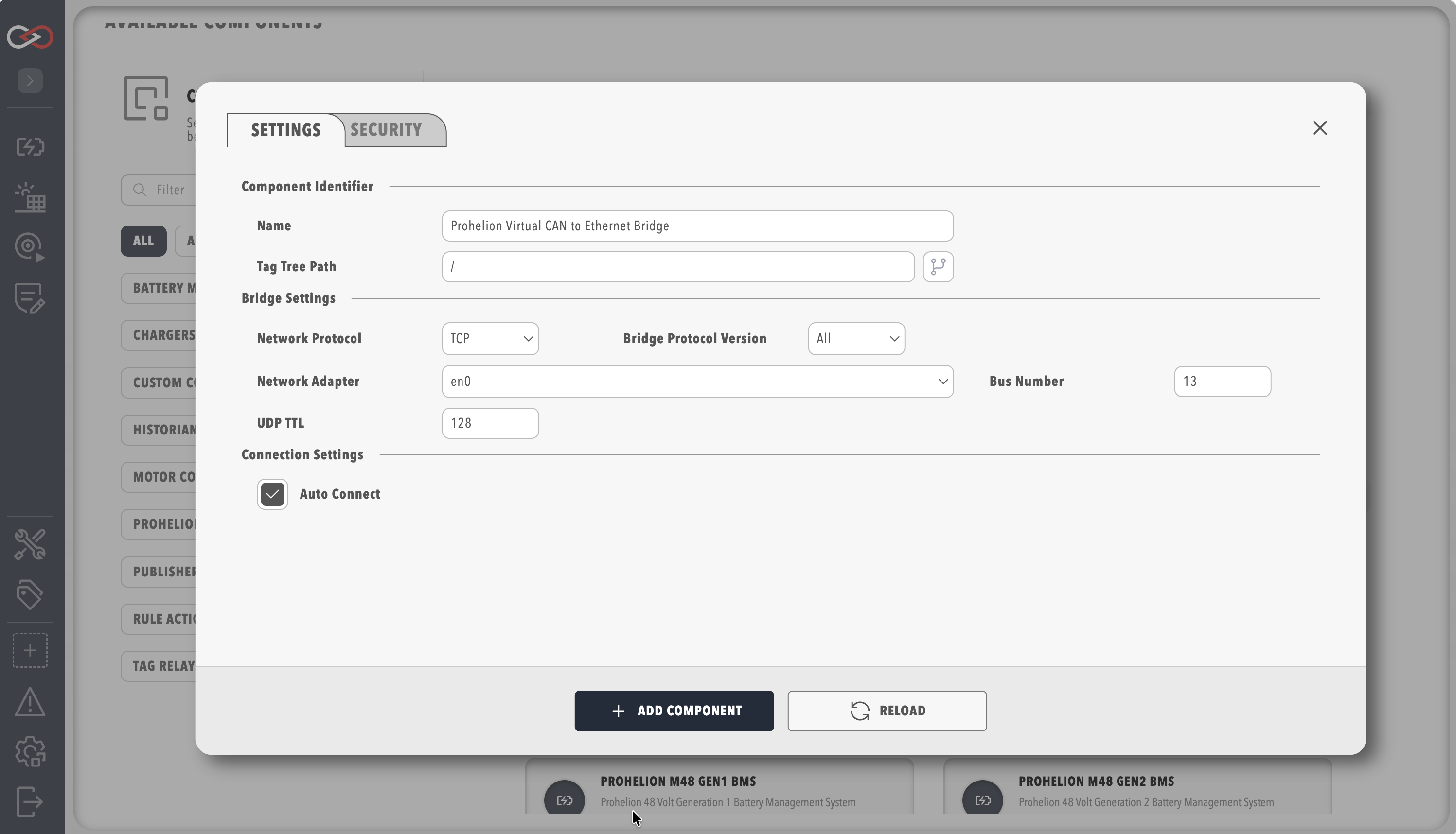 The component settings dialog for a Prohelion Virtual CAN to Ethernet Bridge, with Settings and Security tabs, an ADD COMPONENT button and a RELOAD button