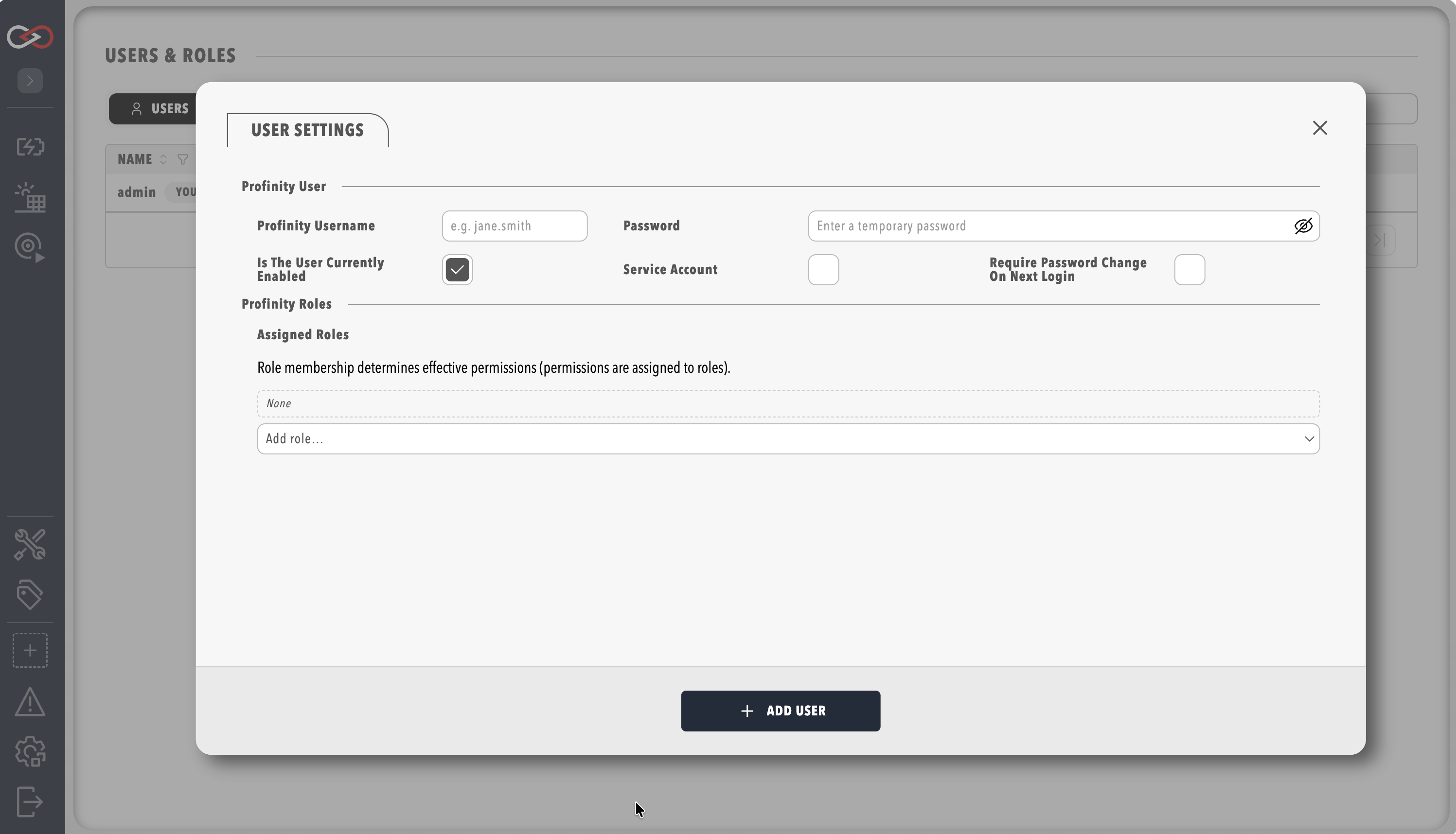 The Add user panel with the username, password and Assigned roles fields