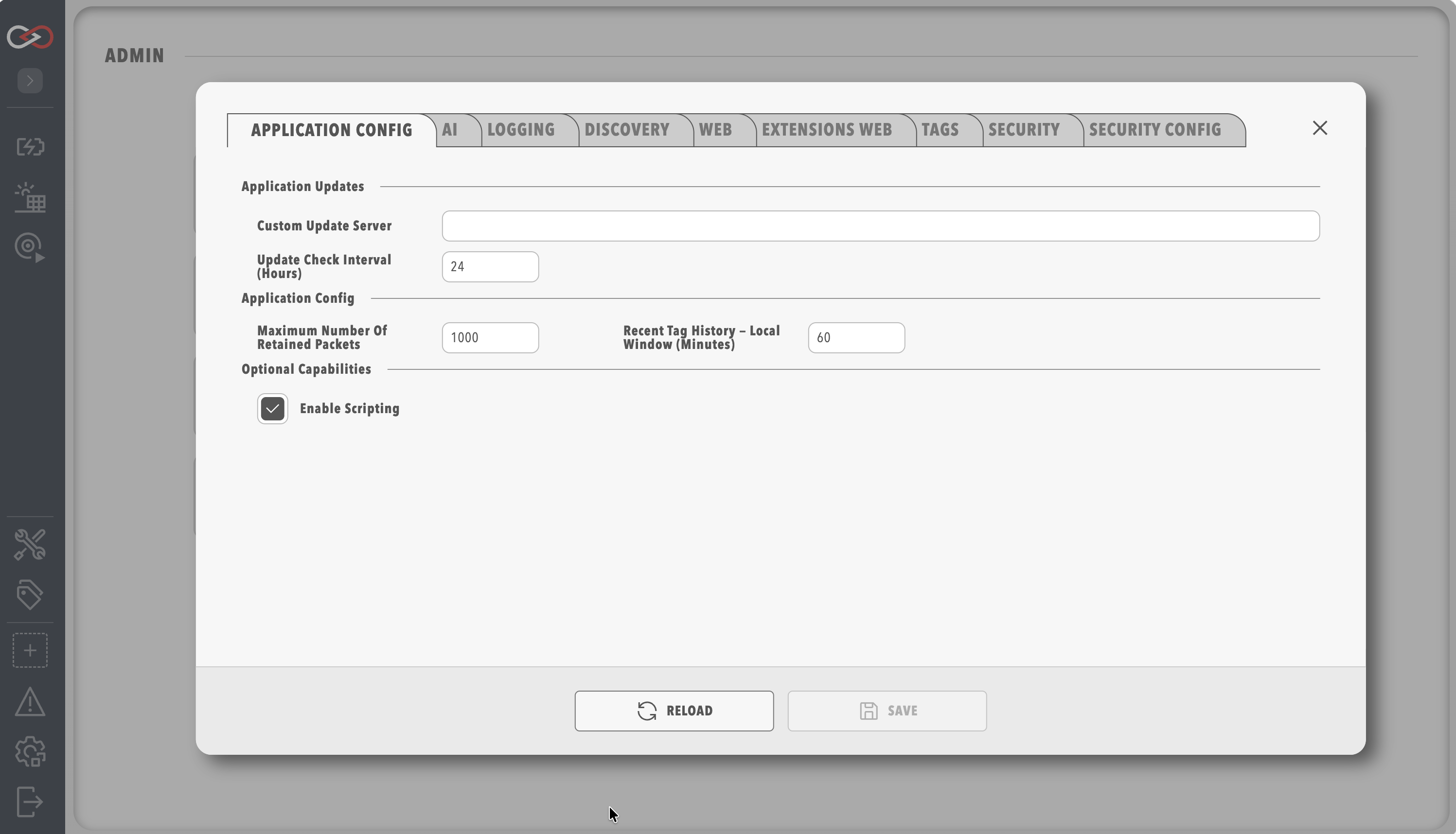 Profinity System Configuration page, where the Enable Scripting setting turns scripting on