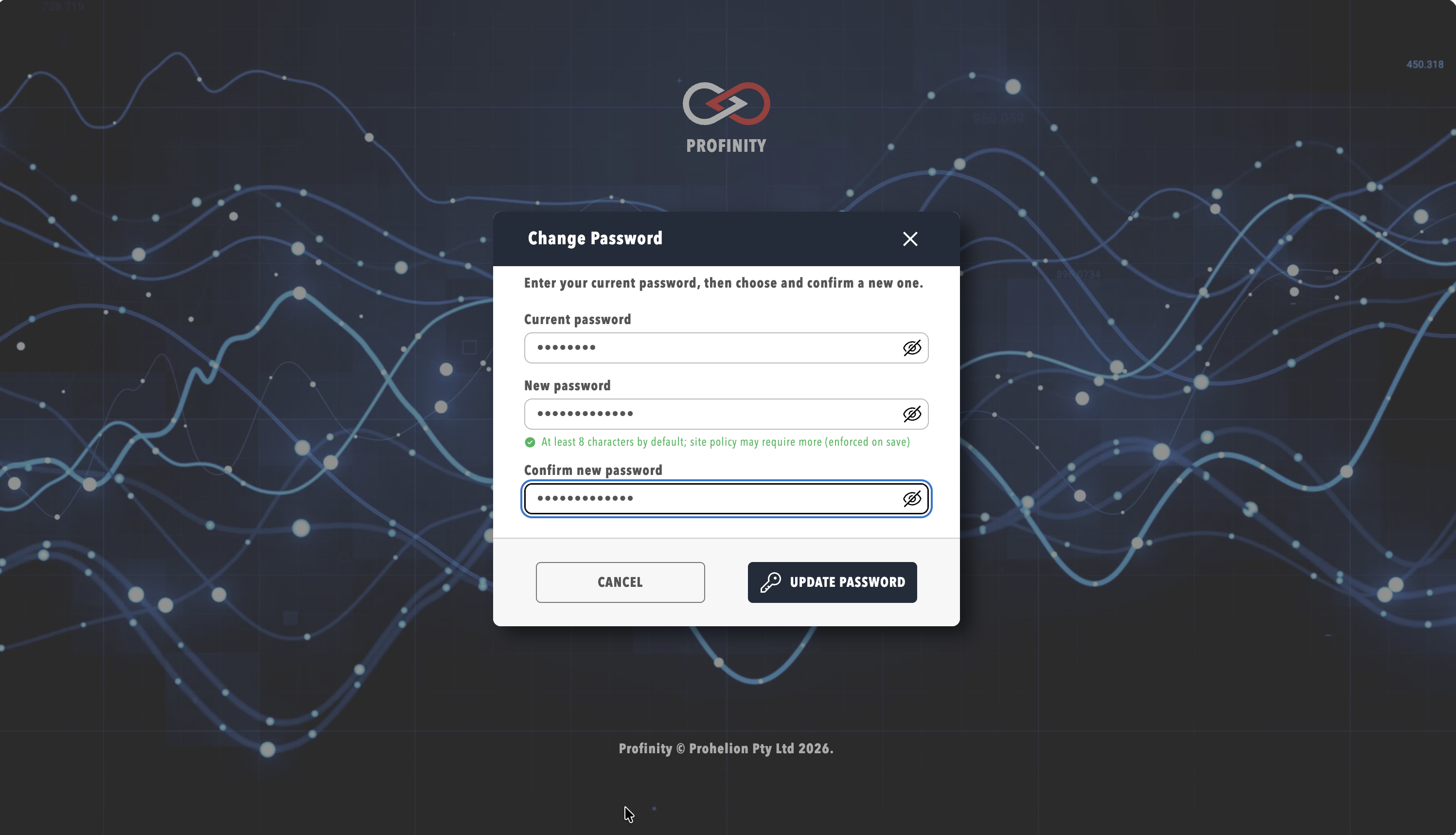Change Password dialog with current, new and confirm new password fields