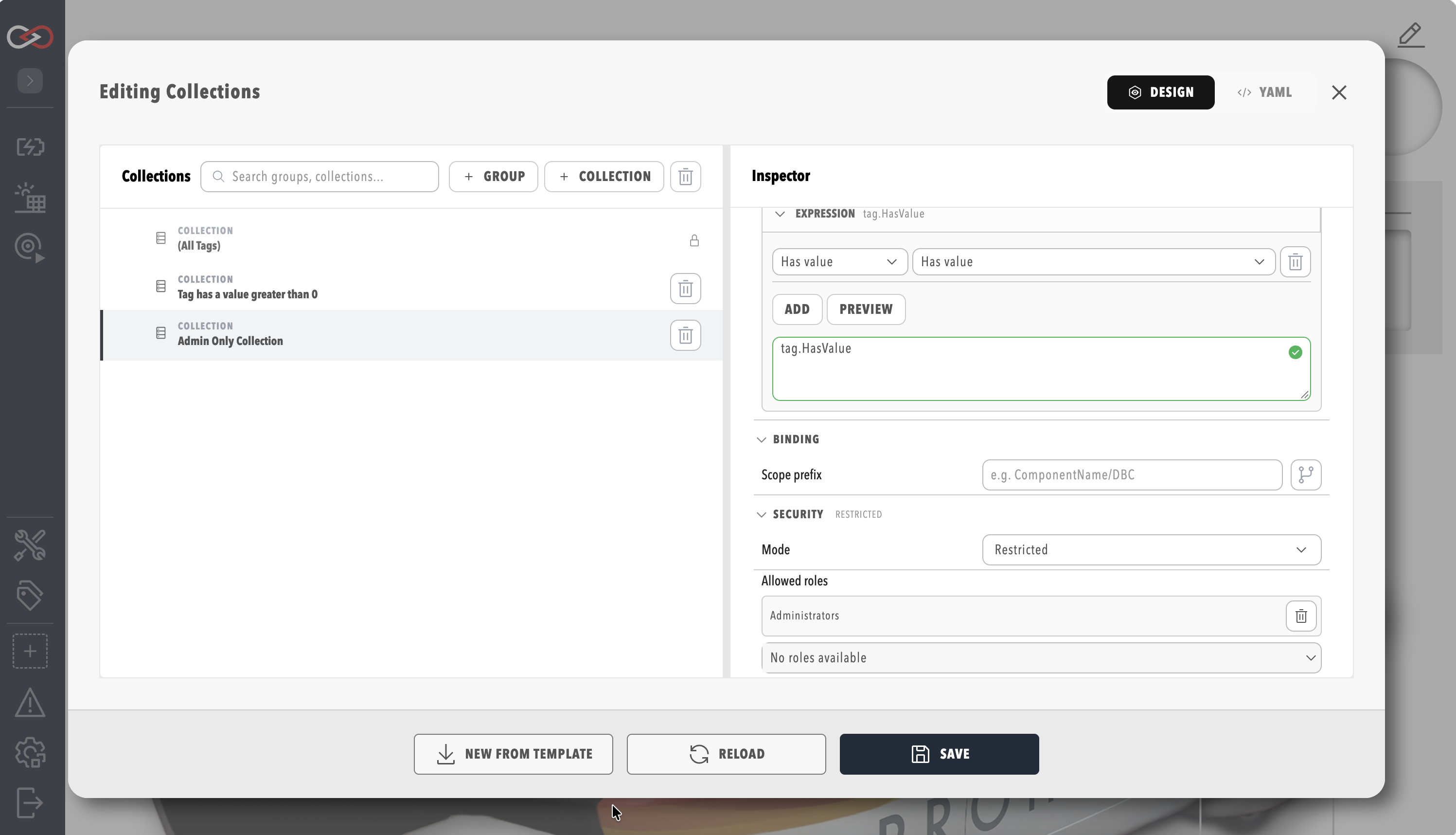 The Security panel in the Collections editor inspector, with the Mode dropdown and the Allowed roles list