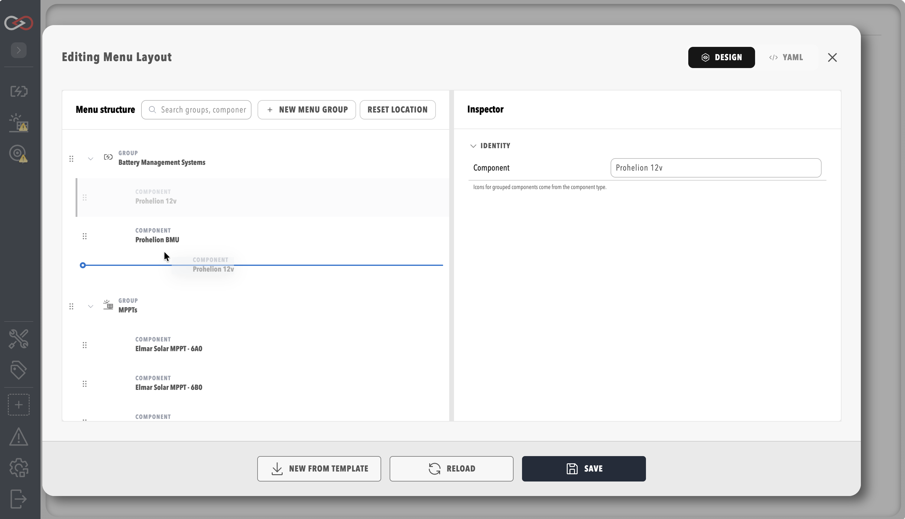 Menu Layout editor with the Prohelion 12v component being dragged to a new position in the menu structure