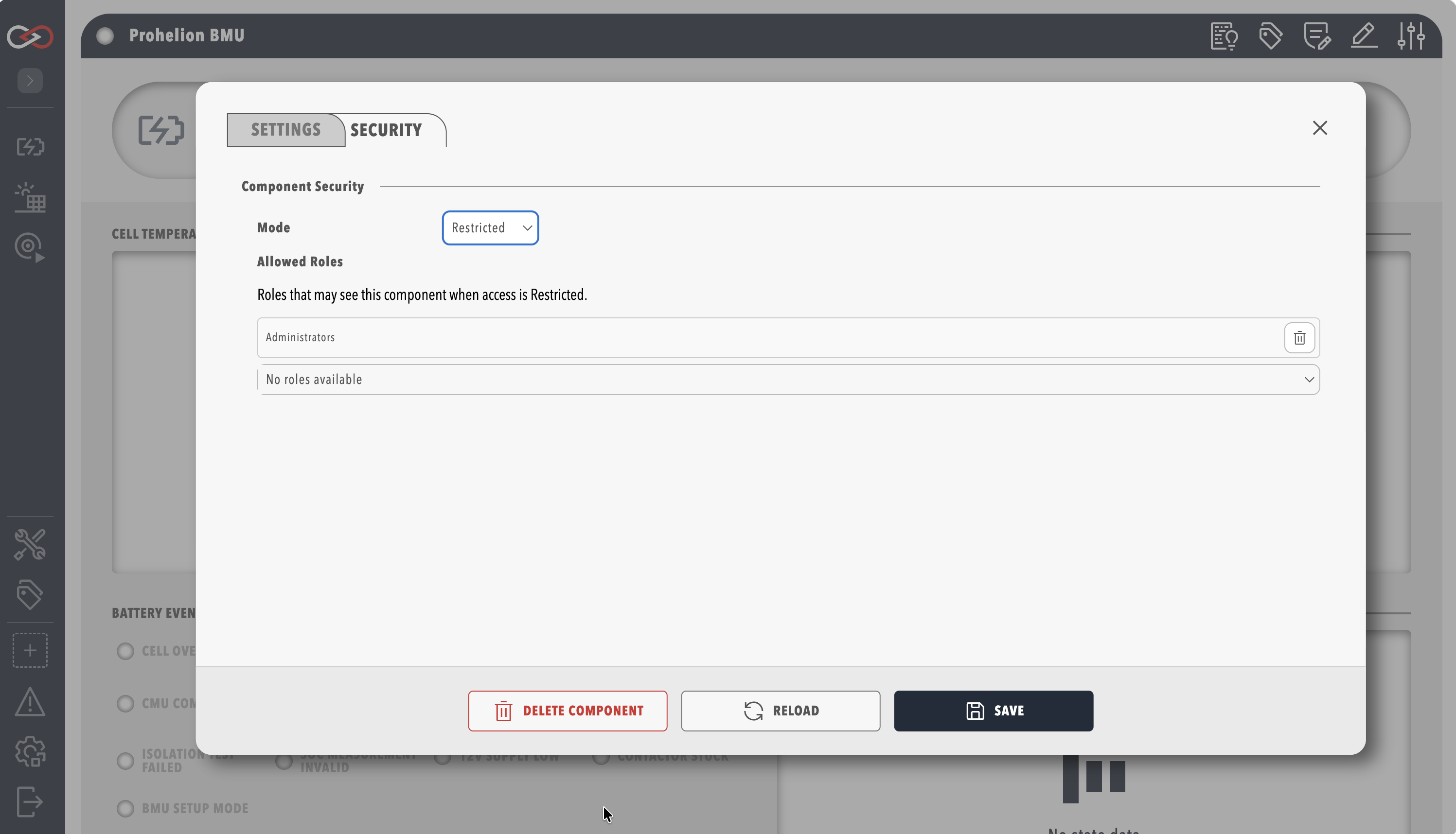 The Security tab of a component settings dialog, with the Mode dropdown and the Allowed roles list