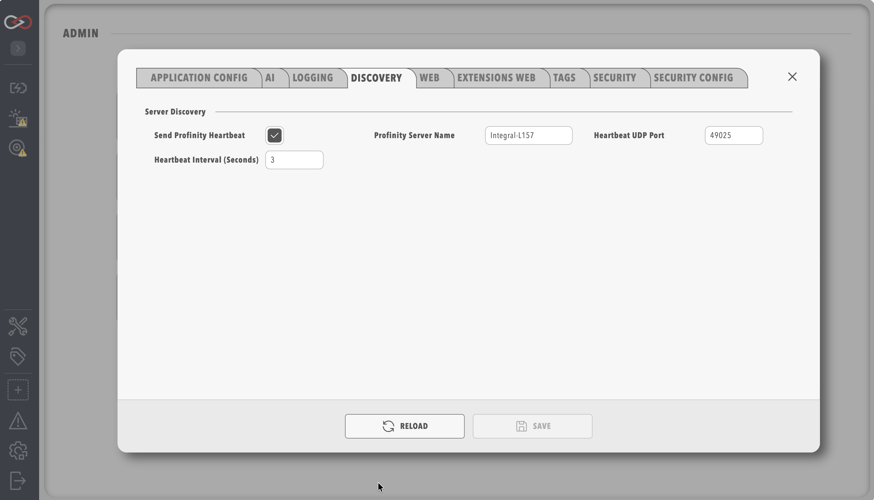 The Discovery tab of the Admin settings dialog, showing a Server Discovery section with a ticked Send Profinity Heartbeat box, a Profinity Server Name field, a Heartbeat UDP Port field and a Heartbeat Interval in seconds.