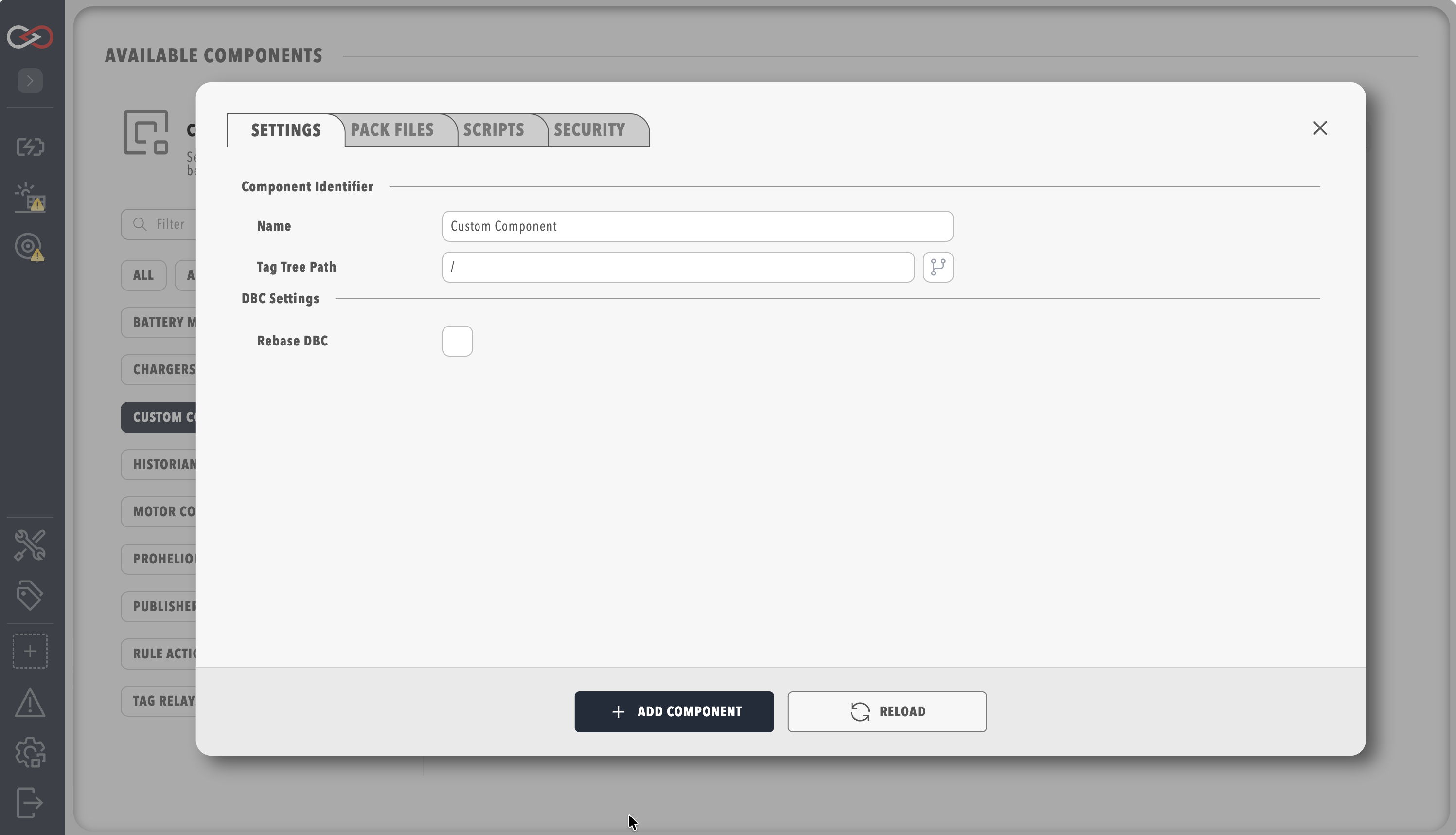 The Custom Component dialog on its Settings tab, with Name and Tag Tree Path fields, a Rebase DBC tick box, and tabs for Pack Files, Scripts and Security.