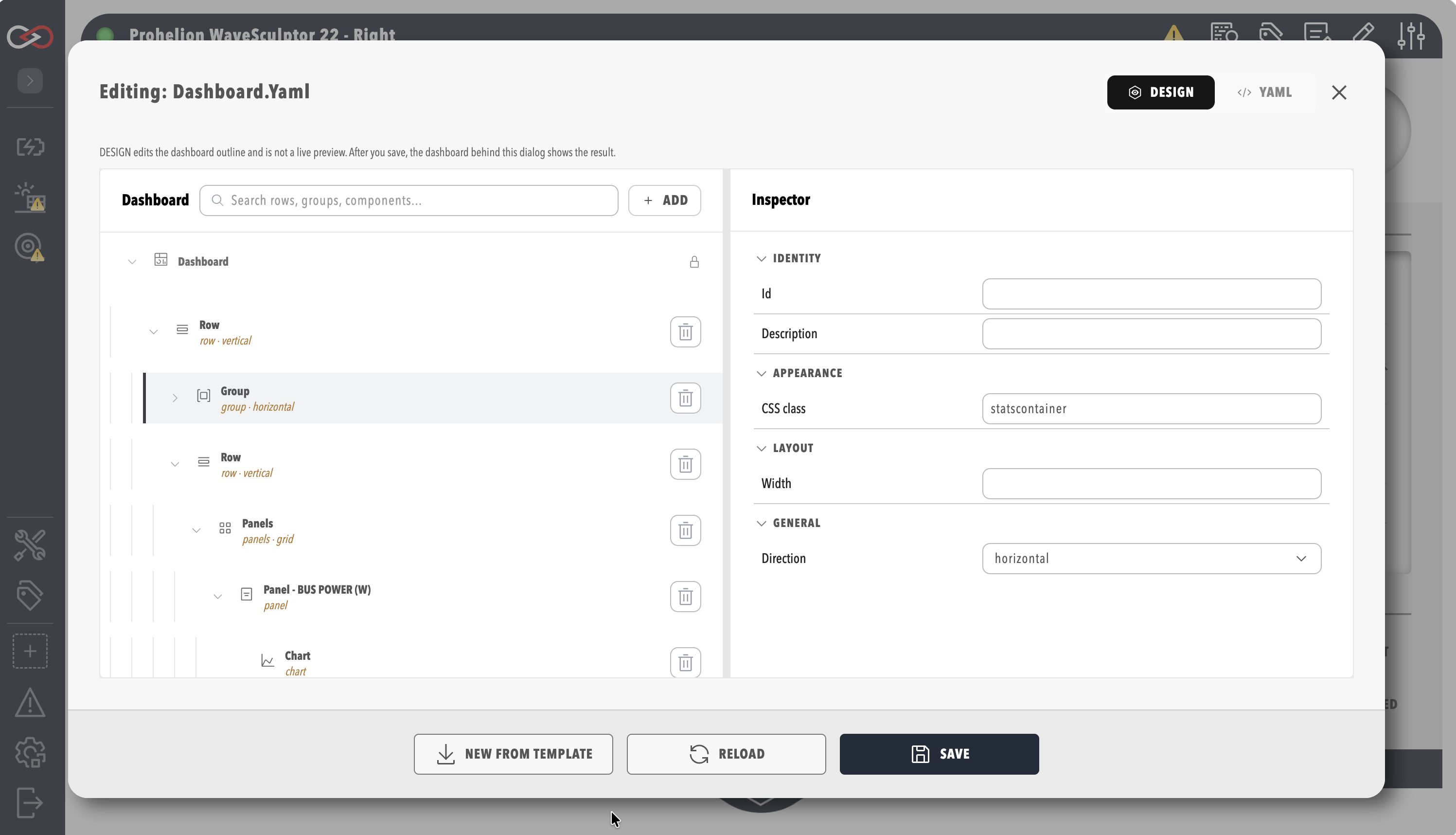 Dashboard visual editor showing the dashboard tree, the inspector and the footer buttons