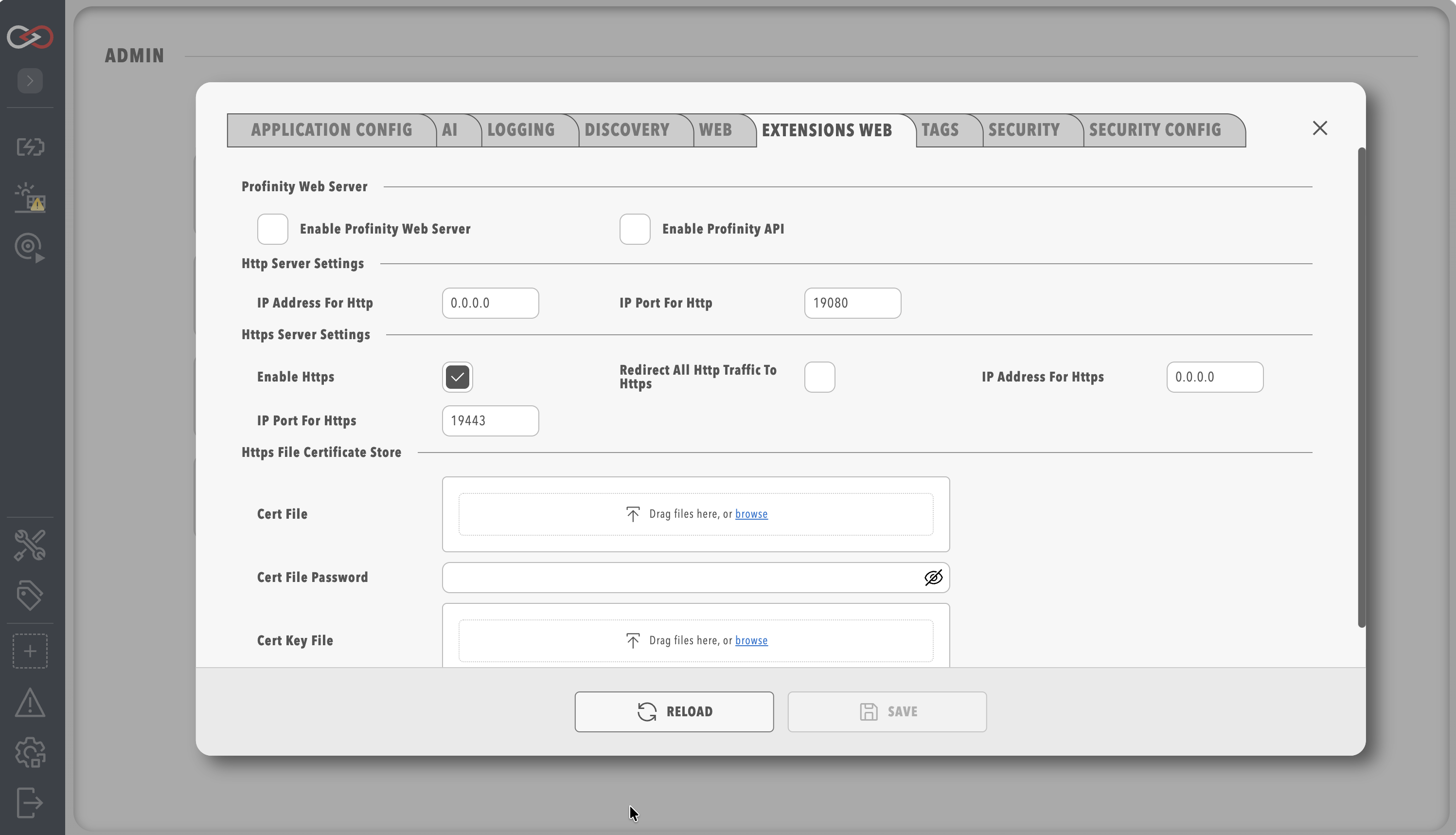 Extensions Web tab of System Configuration showing the web server options