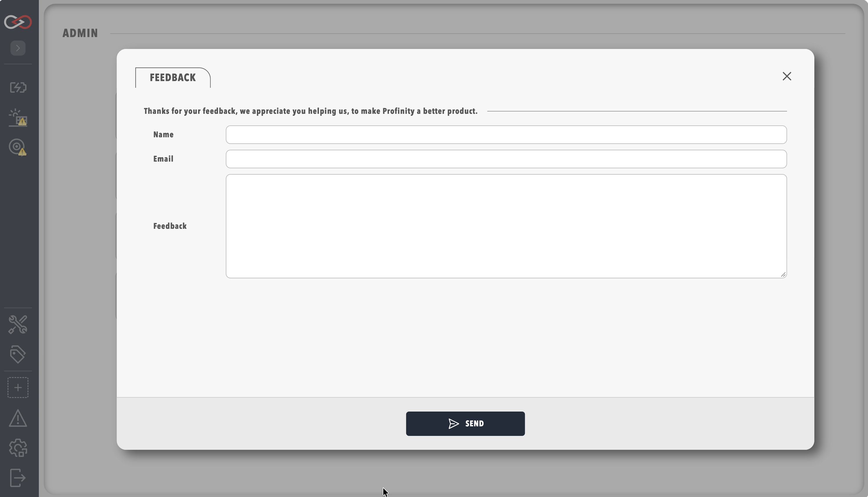 Feedback form with name, email and feedback fields and a Send button