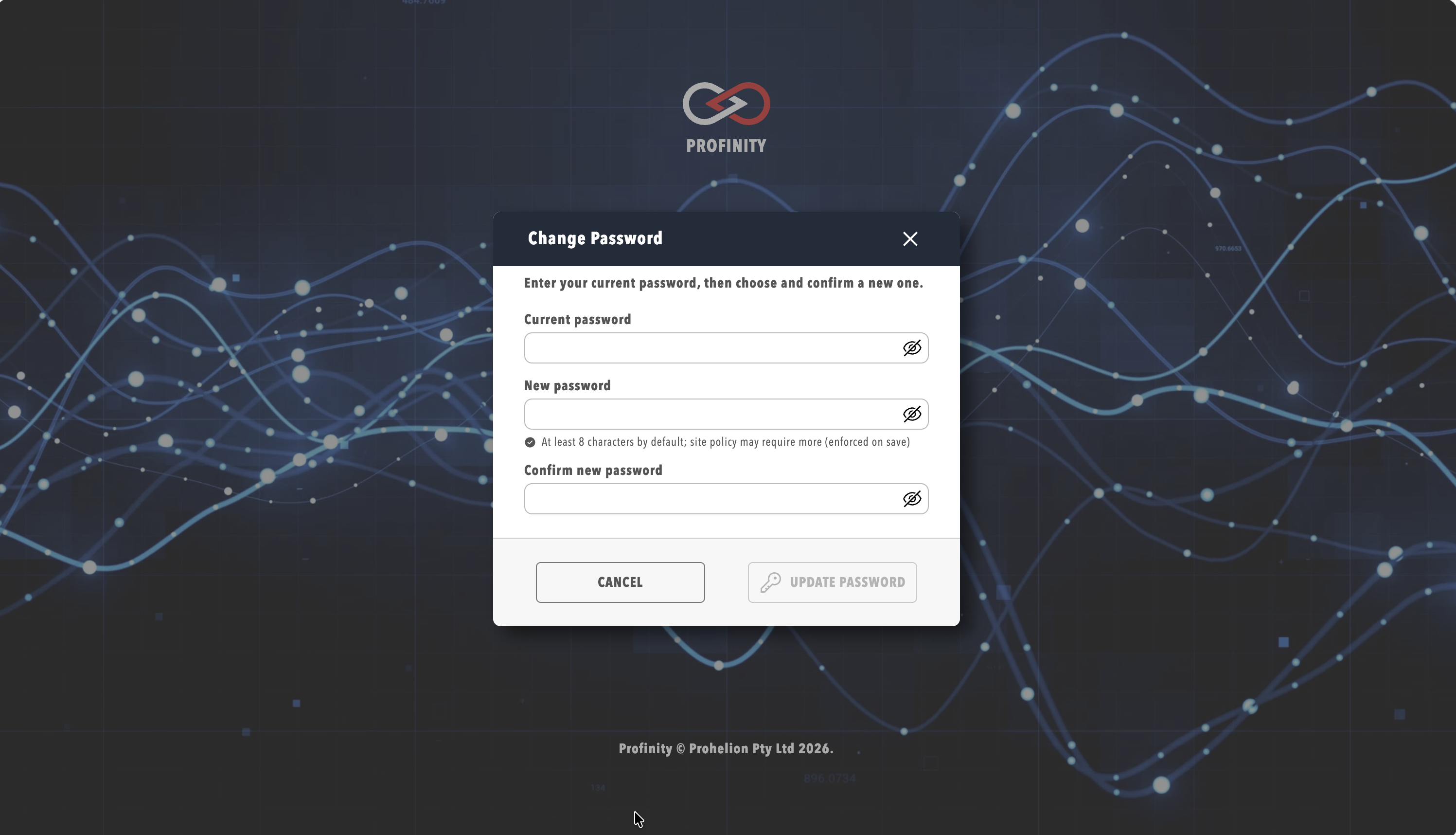 Change Password dialog with Current password, New password and Confirm new password fields, a note that passwords need at least 8 characters, and Cancel and Update Password buttons (Update Password is disabled).