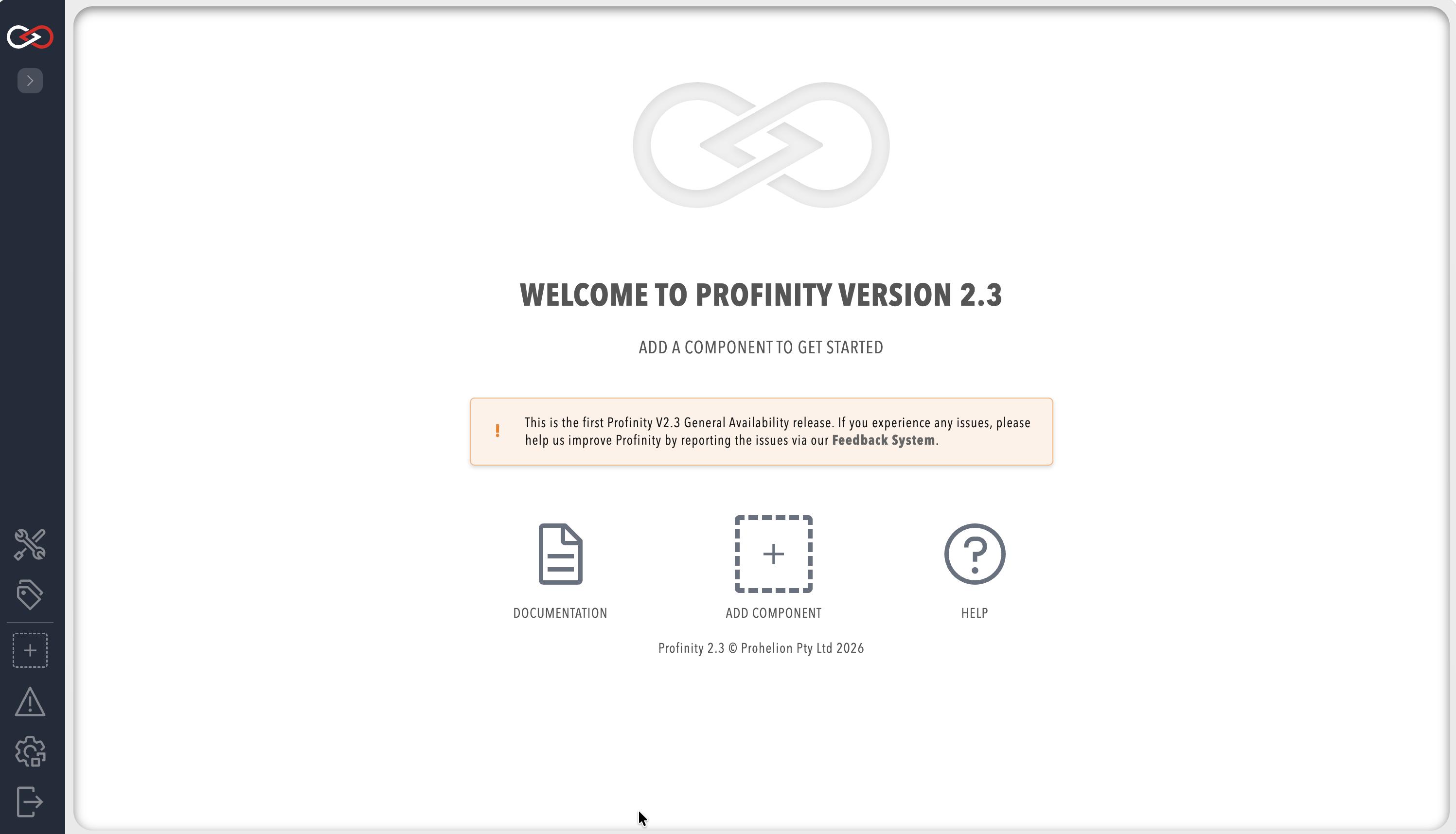 The Profinity welcome page, headed "Welcome to Profinity Version 2.3", with Documentation, Add Component and Help shortcuts.