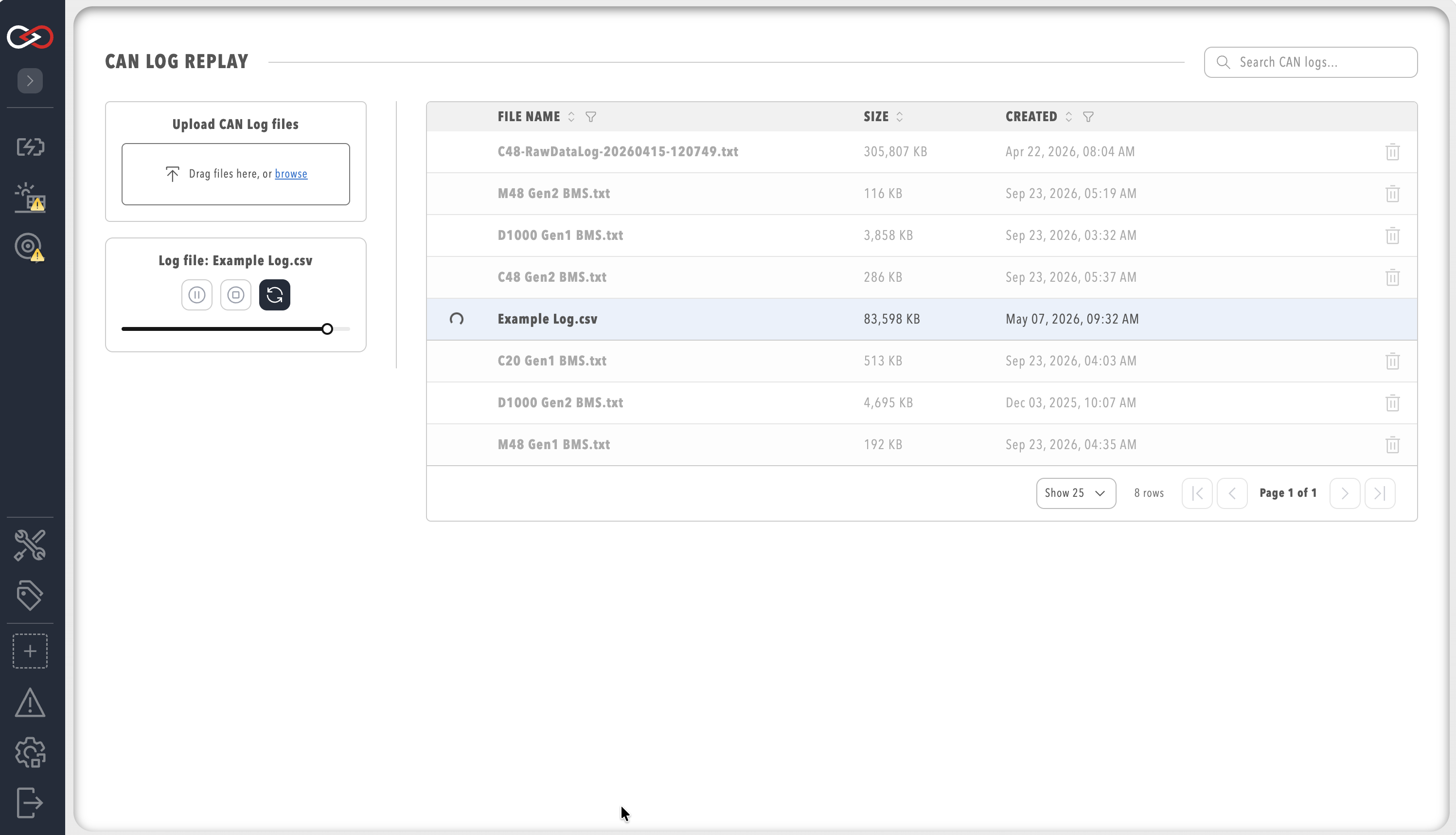 The CAN LOG REPLAY page with the Upload CAN Log files control, the pause, stop and loop buttons and position slider for the selected log, and a table of log files with a trashcan icon on each row