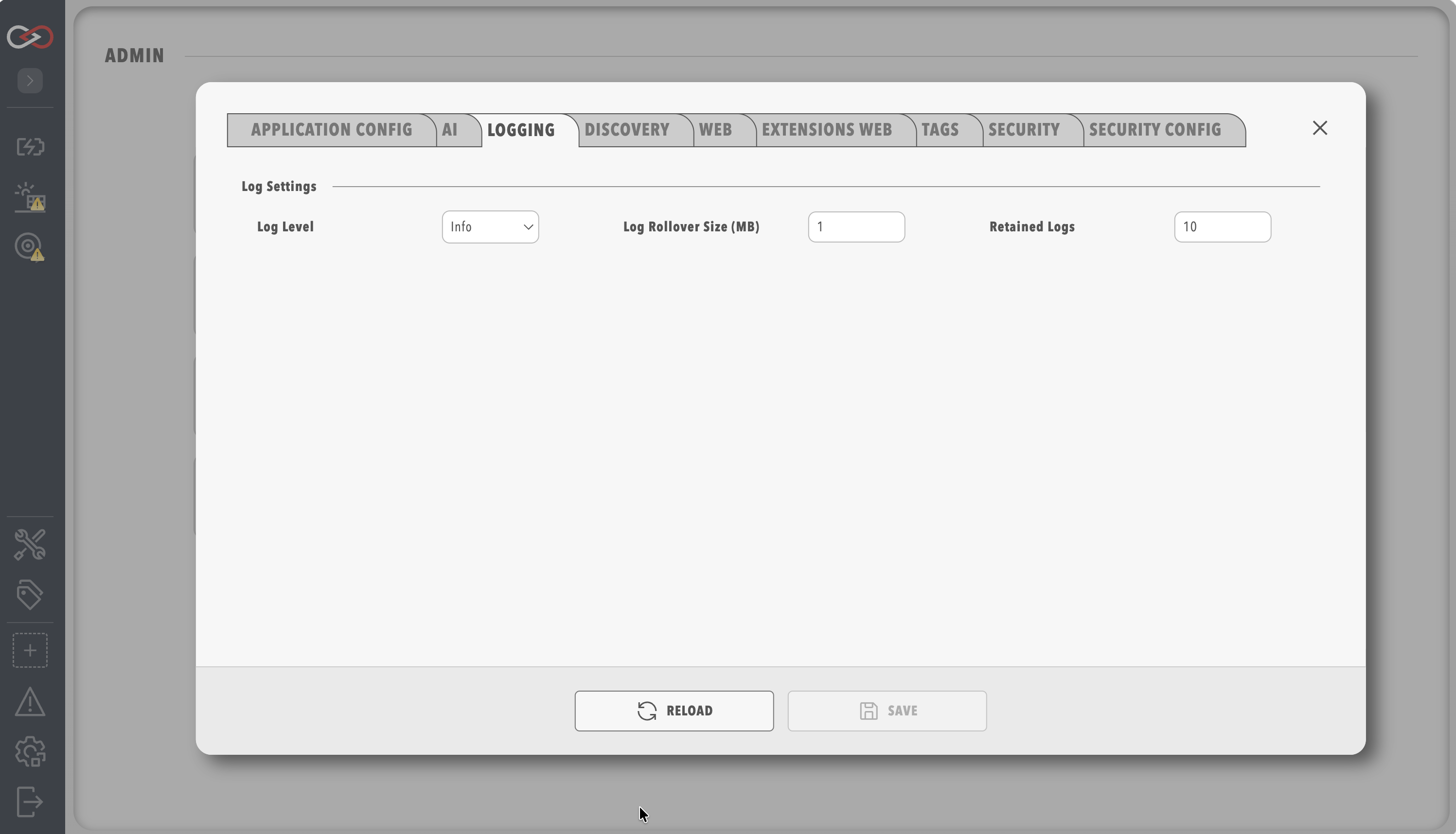 Logging tab of System Configuration showing log level, rollover size and retained logs