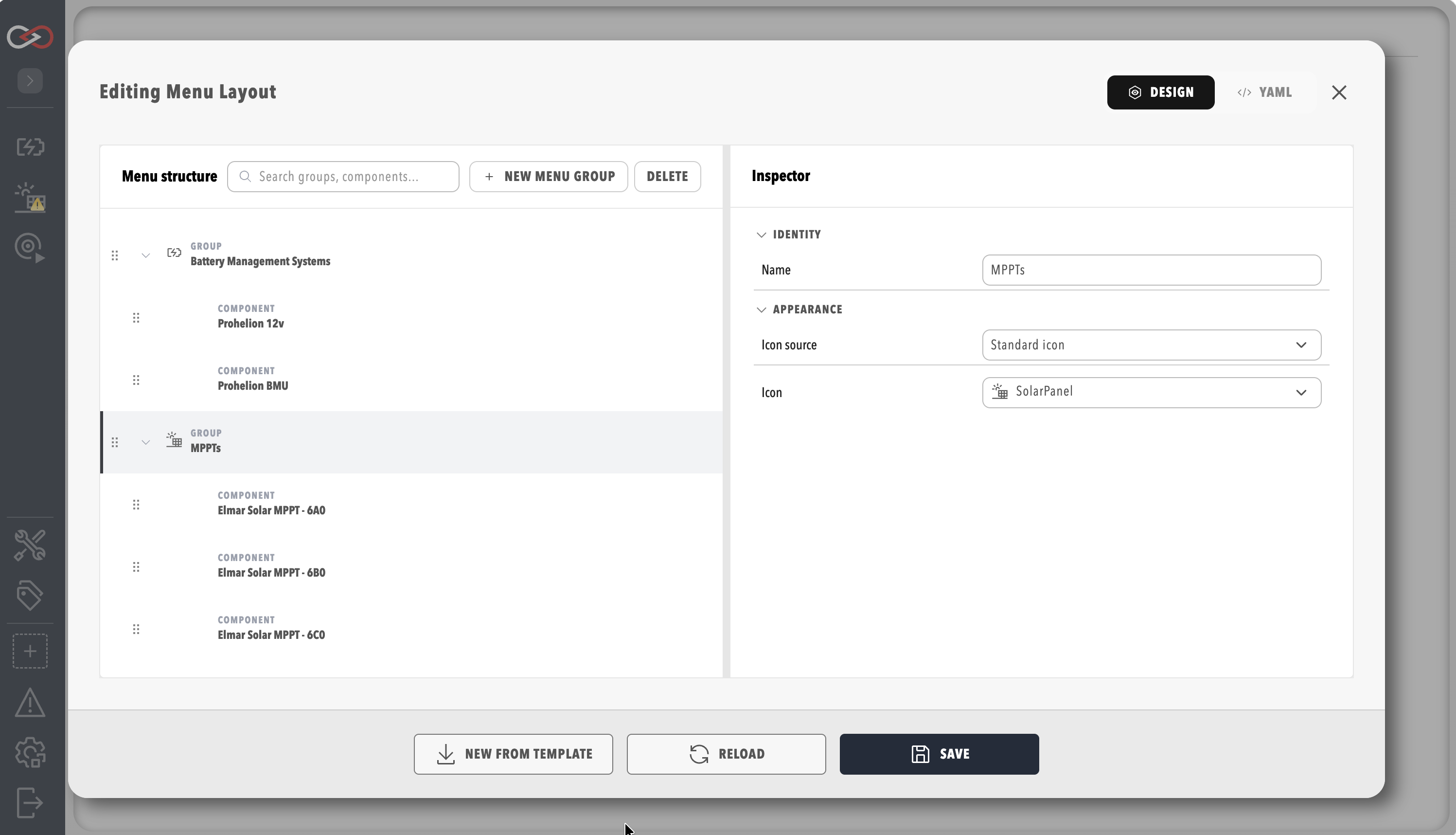 Menu Layout editor showing the menu structure tree and the inspector for a group