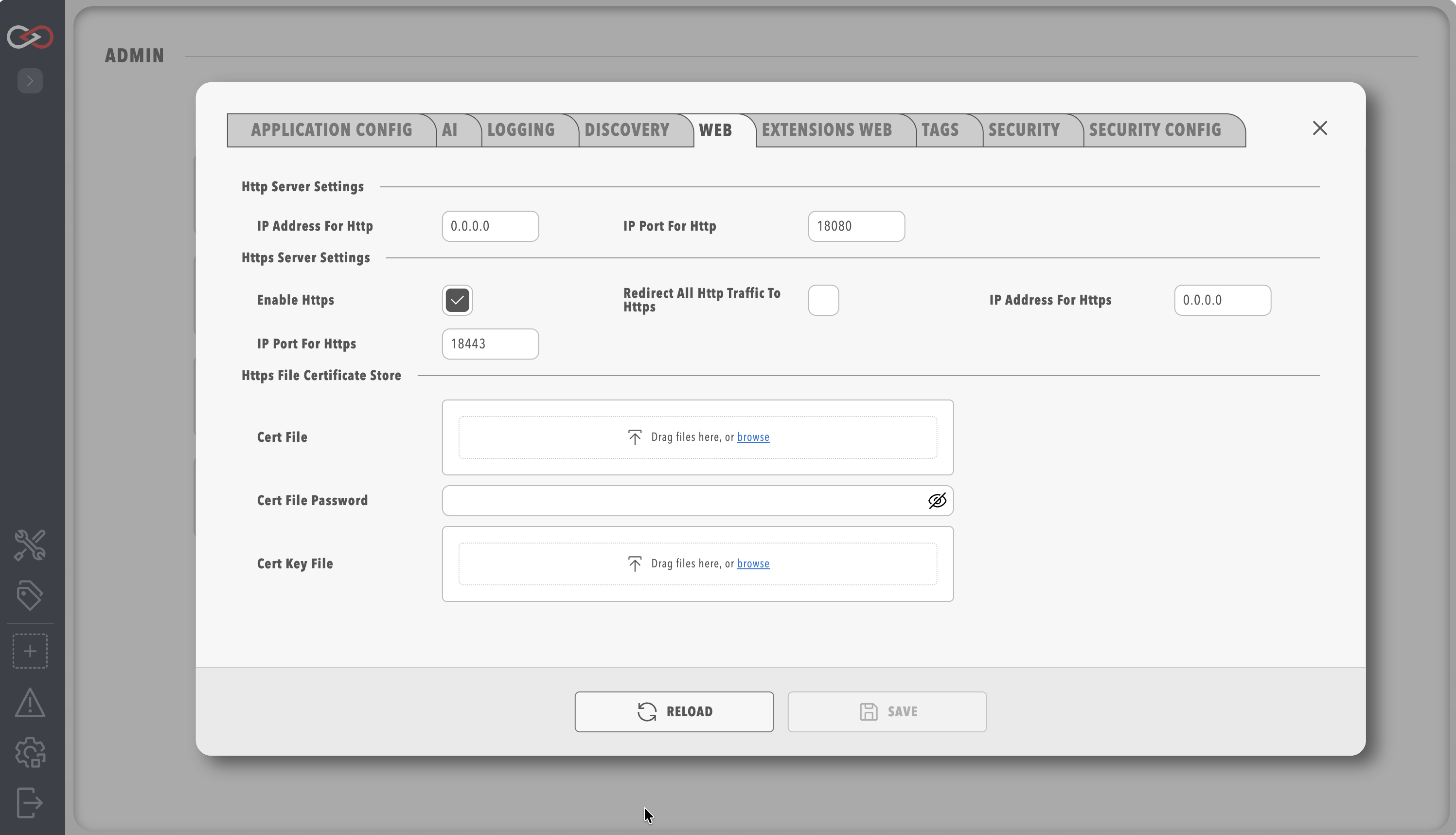 Web tab of System Configuration showing the HTTP and HTTPS address and port settings