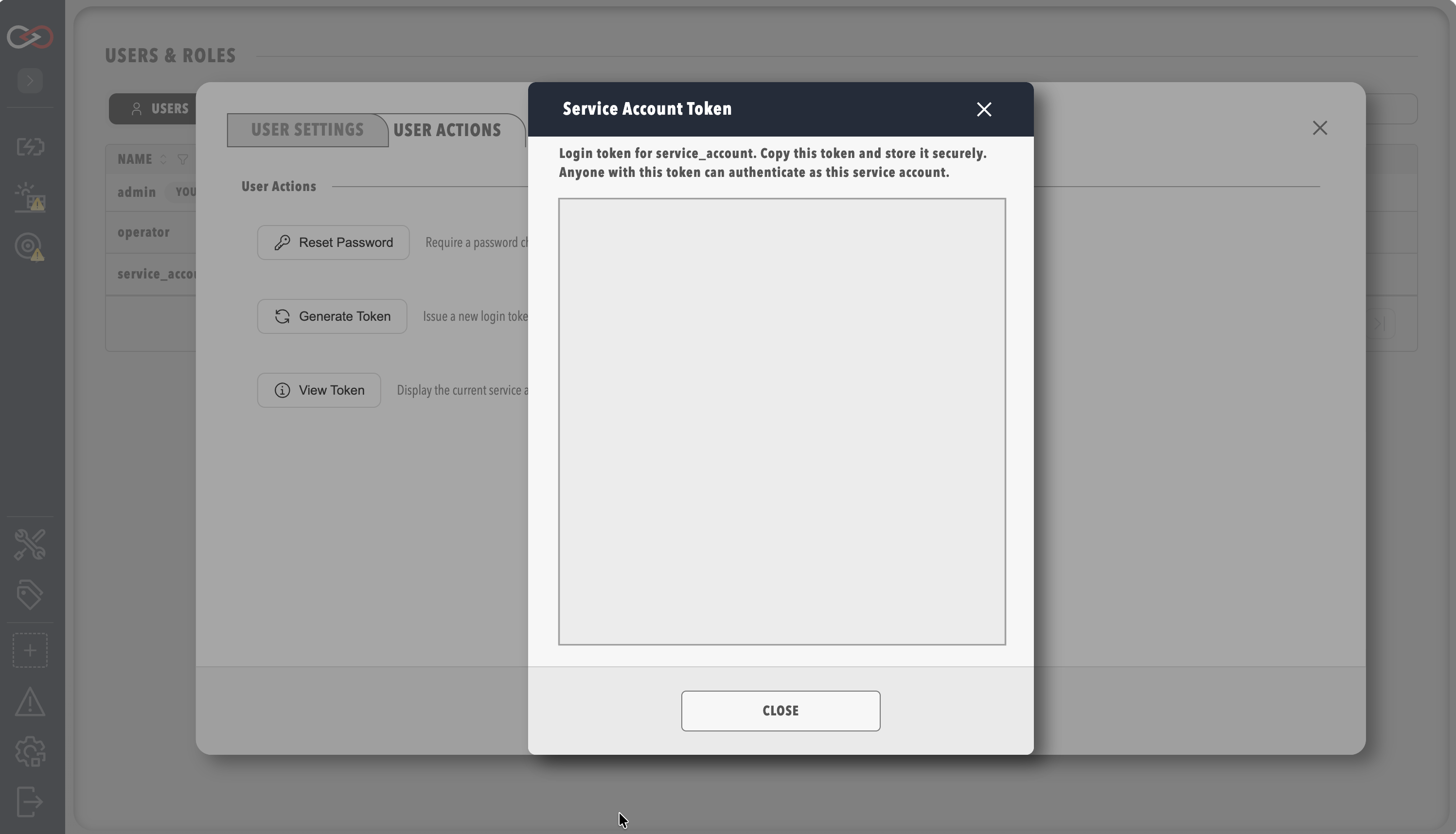 The Service Account Token dialog over the User Actions tab, with the token text hidden and a Close button