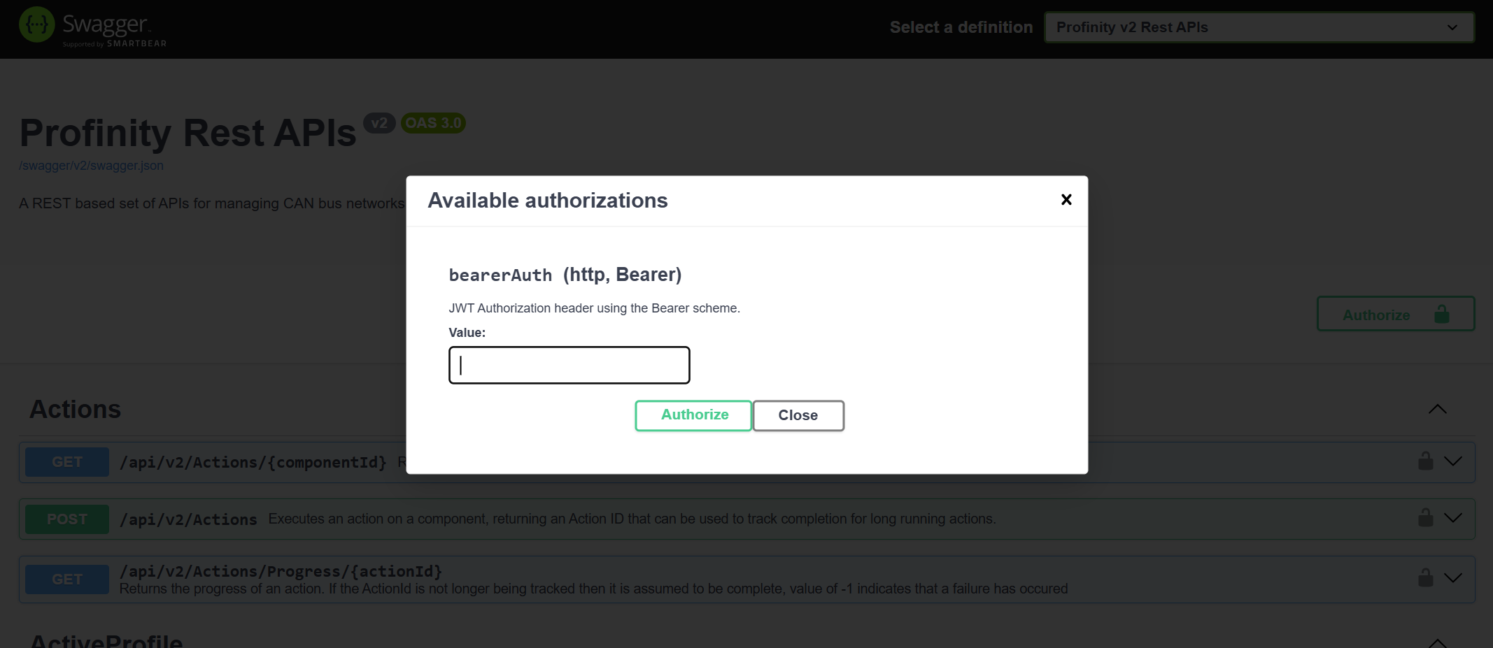 The Swagger Available authorizations dialog with an empty Value field, an Authorize button and a Close button