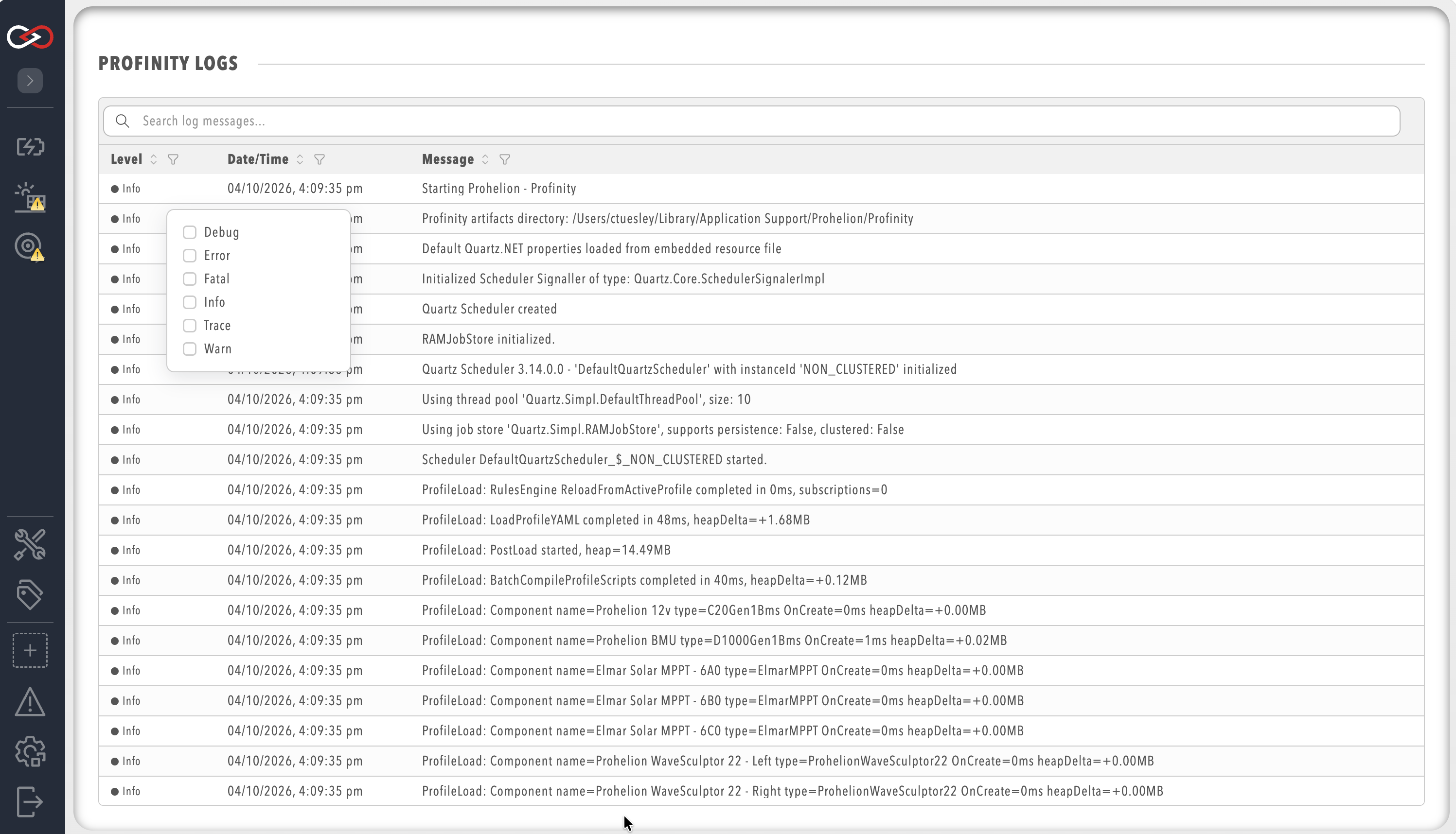 The Profinity Logs page listing entries by level, date and time, and message, with a level filter open