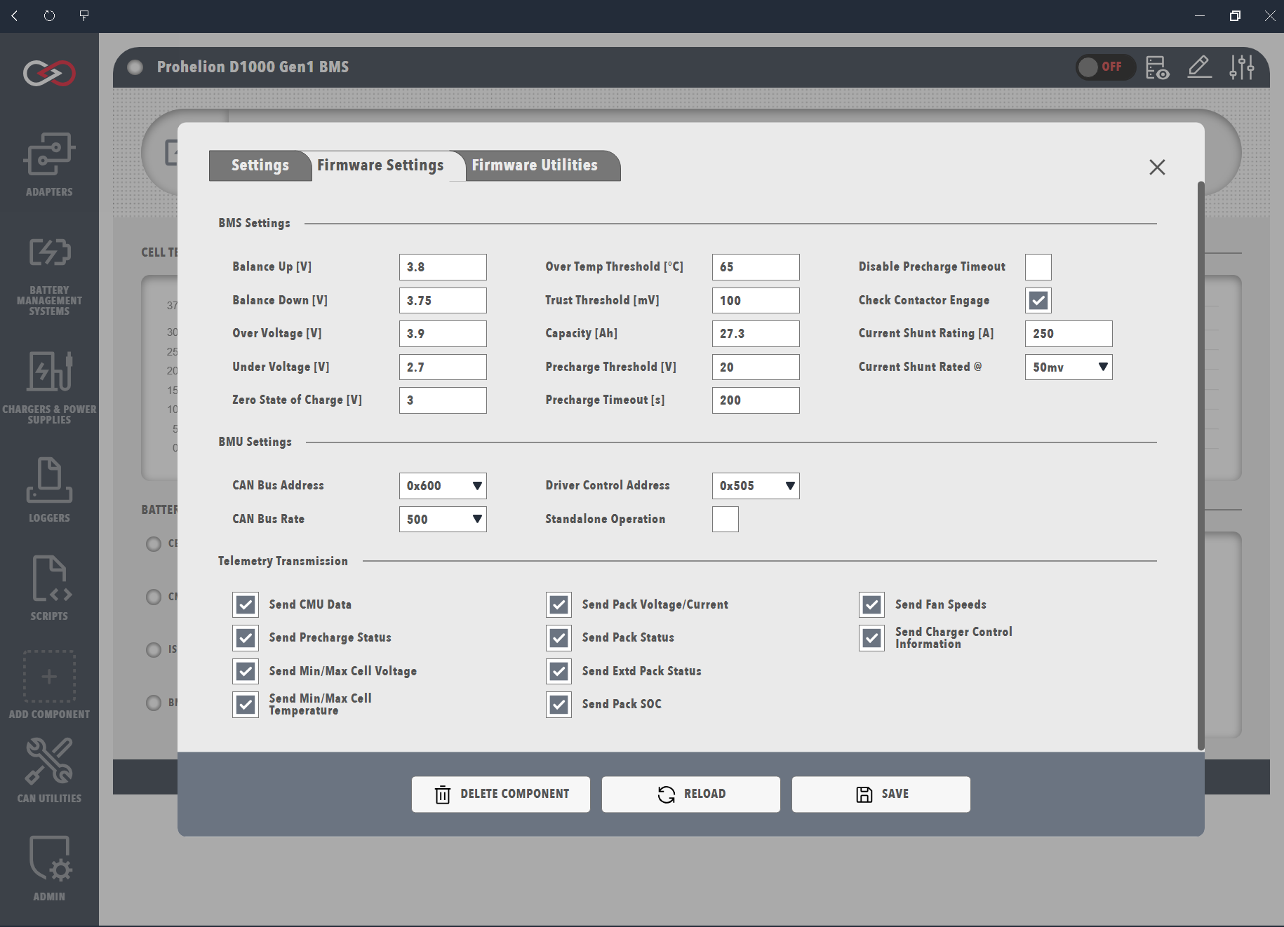Change Settings dialog with the Firmware Settings tab showing the BMU firmware configuration parameters