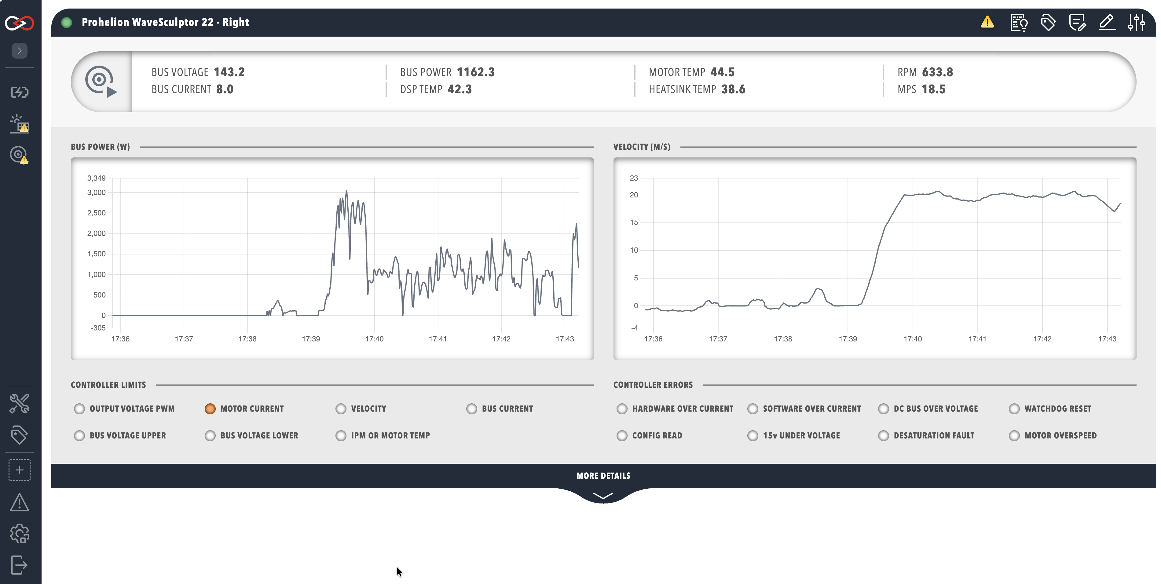 A component dashboard with the three bar settings icon at the top right